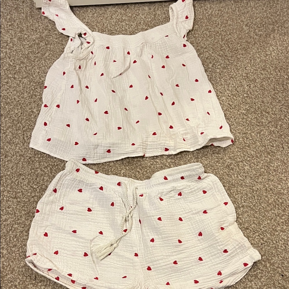 White and Red Heart Print Top and Shorts Set